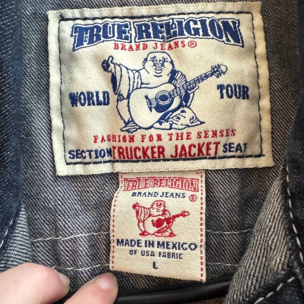 True Religion World Tour Denim Trucker Vest Dark Wash Horseshoe Pocket Y2K Biker